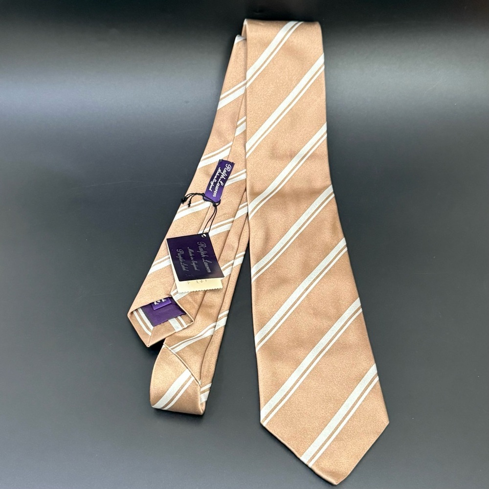 Vintage RALPH LAUREN Purple Label 100% Silk Beige Diagonal Stripe Necktie